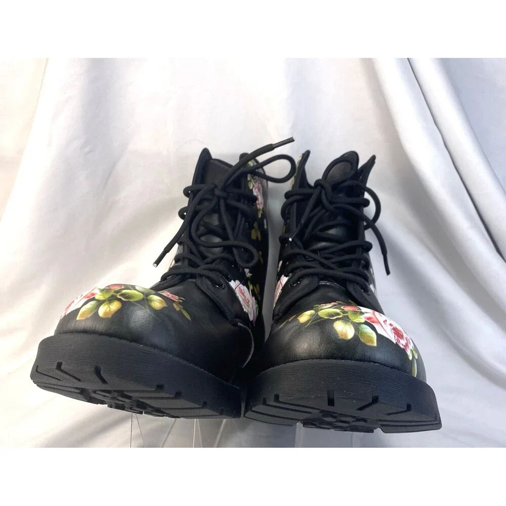 Unbranded Men's US 12 EU 46 Black Floral Design Ankle Combat Boots Lace-Up New